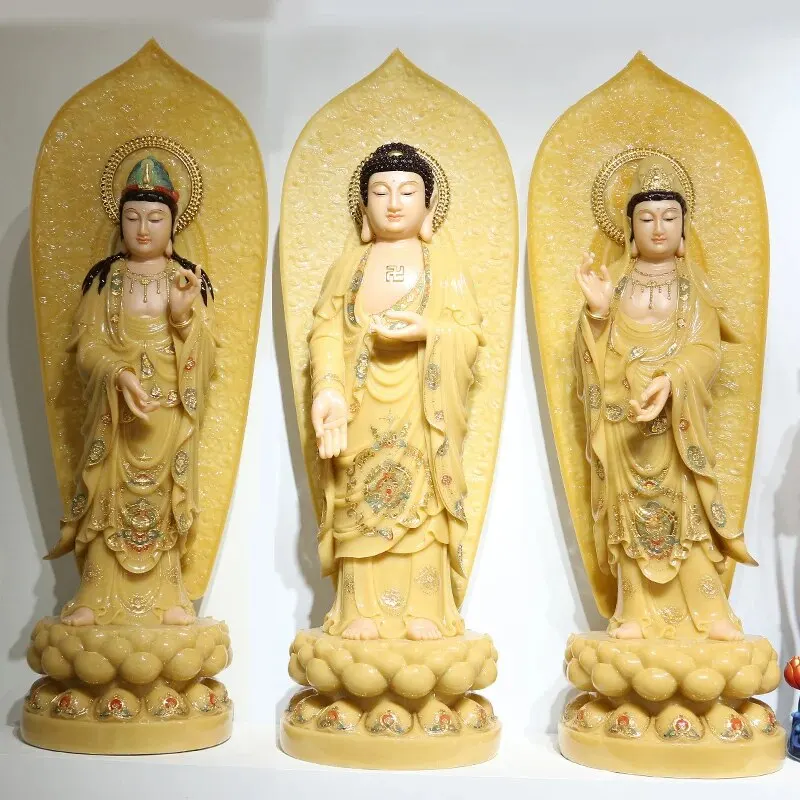 

large 3PCS HOME shrine protection Buddhism XI FANG SANSHENG jade Goddess Guan yin GOD Avalokitesvara Amitabha Mahasthamaprapta