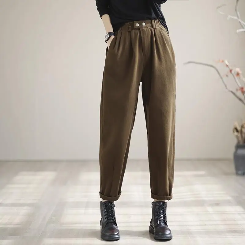 

2022 Autumn New Fashion Women Elastic Waist Loose Ankle-length Pants All-matched Casual Solid Cotton Harem Pants V808