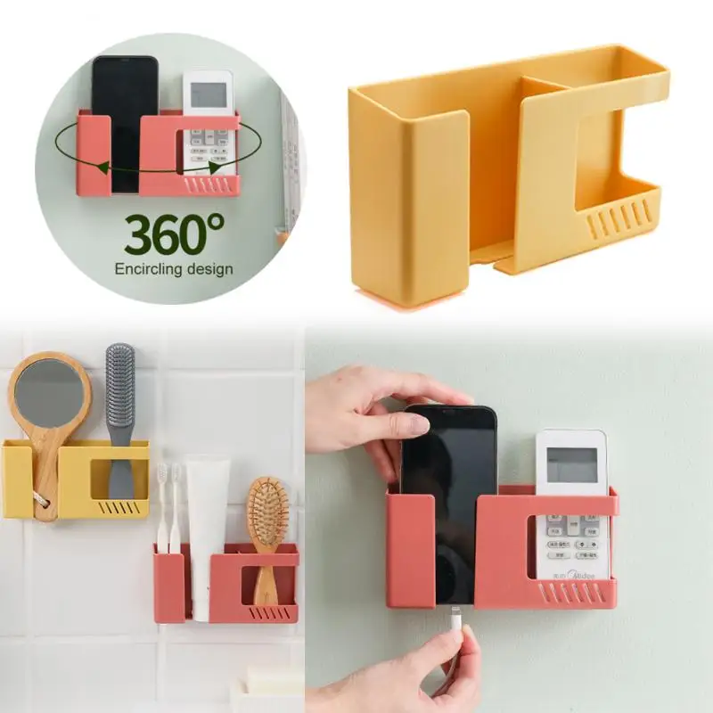 

Punch-free Mobile Phone Holder Wall Mount Stand Remote Control Storage Rack Multifunction Storage Box Organizer Container