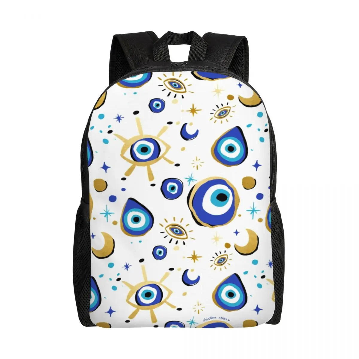 

Mediterranean Blue And Gold Evil Eye Travel Backpack School Laptop Bookbag Hamsa Nazar Amulet Boho College Student Daypack Bags