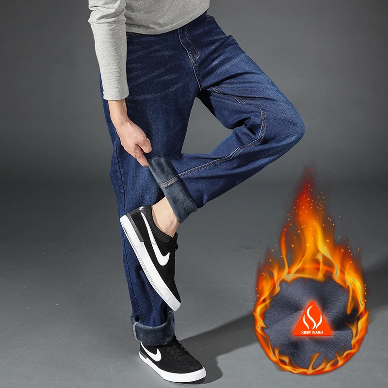 Big Plus Size Men Warm Jeans 2023 Winter New Fashion Casual High Quality Fleece Elastic Straight Thick Trousers Jeans Male Brand 5