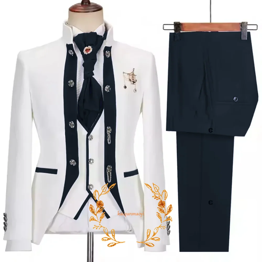 Elegant 3-piece Men's Suit White Jacquard Jacket Trousers and Vest Three-piece Set Formal Wedding Groom's Tuxedo 6