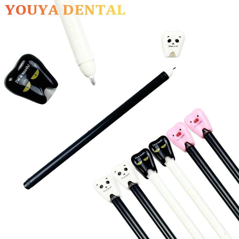 6pcs 시그니처 펜 귀여운 치아 테마 블랙 젤 펜 부드러운 잉크 필러 펜 치과 사무용품