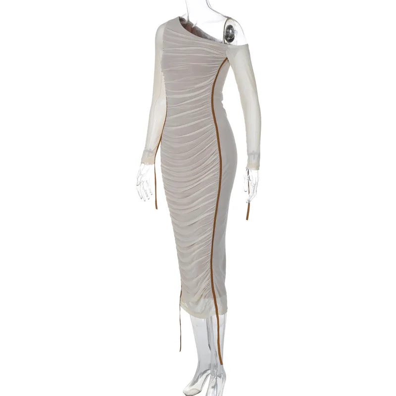 White Mesh Off-Shoulder Maxi Dress Female Long Sleeve Patchwork Fashion Contrast Summer Backless Ladies Party Long Dress