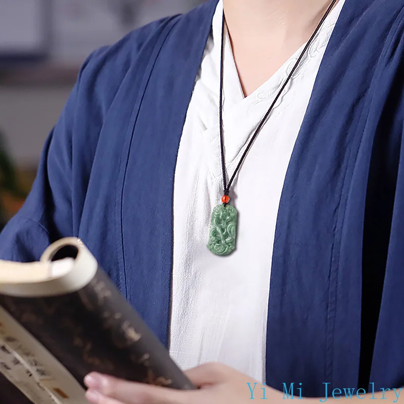 Natural A-grade Jade Pendant Bean Green Dragon Phoenix Brand Pair Set Couple Pendant Men's and Women's Jewelry Jade Necklace