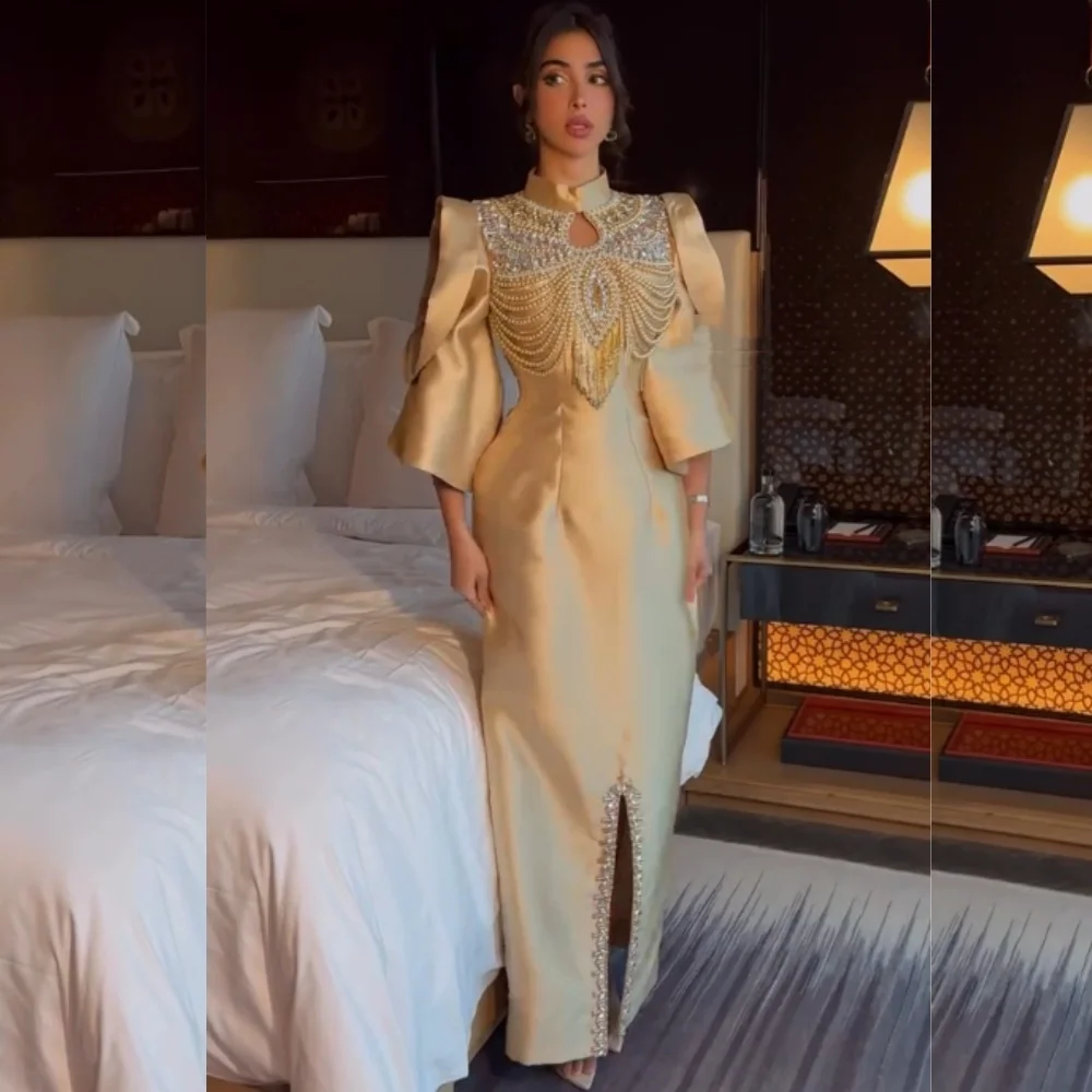 Robes mi-longues personnalisées, classiques, exquises, Charmeuse, paillettes plissées, droites, col haut, sur mesure, occasions Sexy