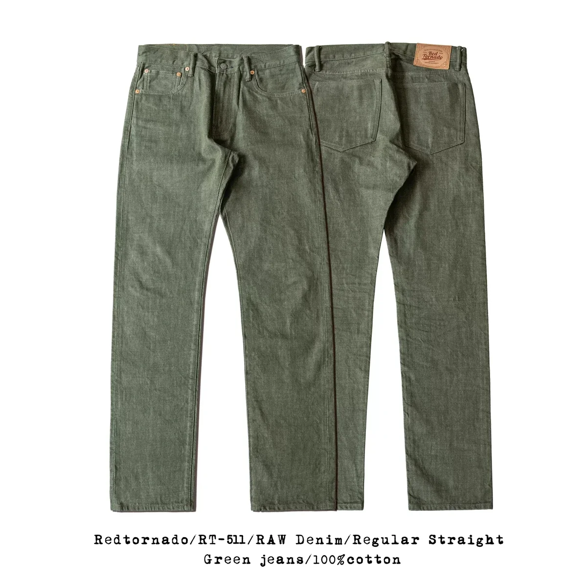 Red Tornado Men's Regular Straight Fit Jeans in Green Rugged Style Selvage Denim Pants 5