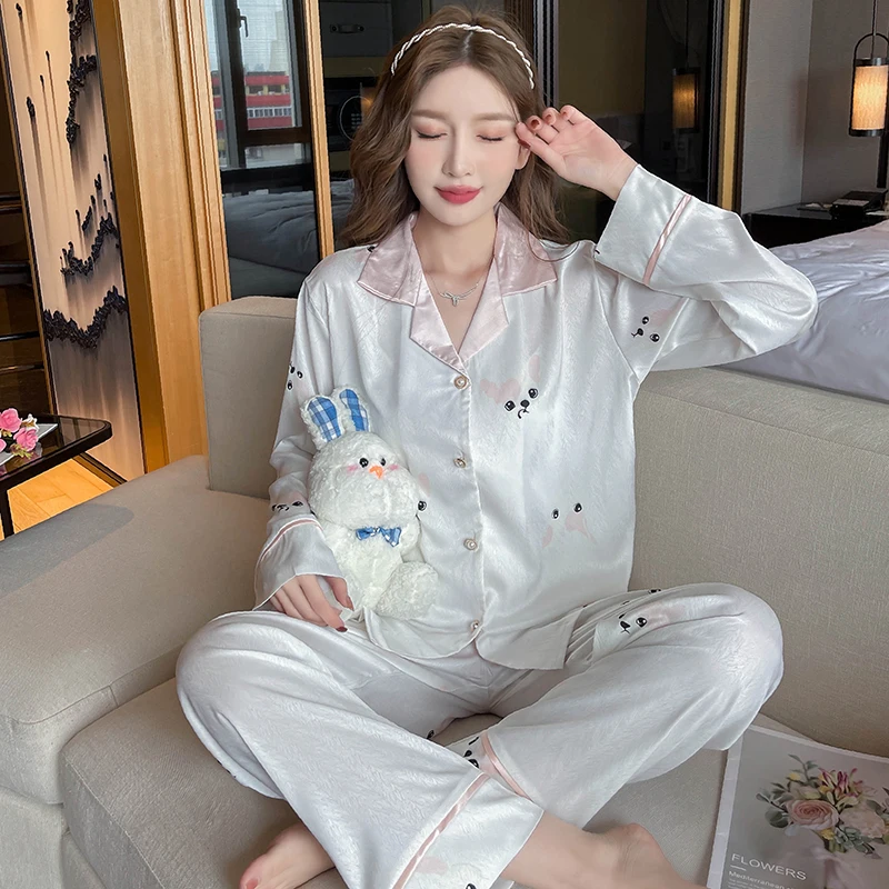 Spring Summer Ladies Stain Cute Dog Pajama Sets Elegant Homewear Women's Casual Luxury Pajamas Thin Pajamas Female Sleepwear