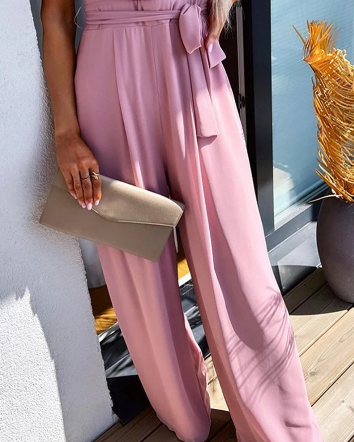 Women's Solid Jumpsuit 2024 Spring/summer Latest Casual Sexy Style V-Neck Short Sleeved Ruched Tie Detail Daily Romper Bodysuit