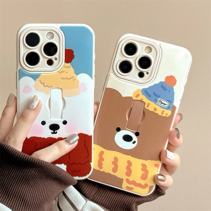 Cartoon Cute Bear Dog Ring Holder Phone Case For iPhone 16 15 13 14 Pro Max TPU Back Cover With Bracket