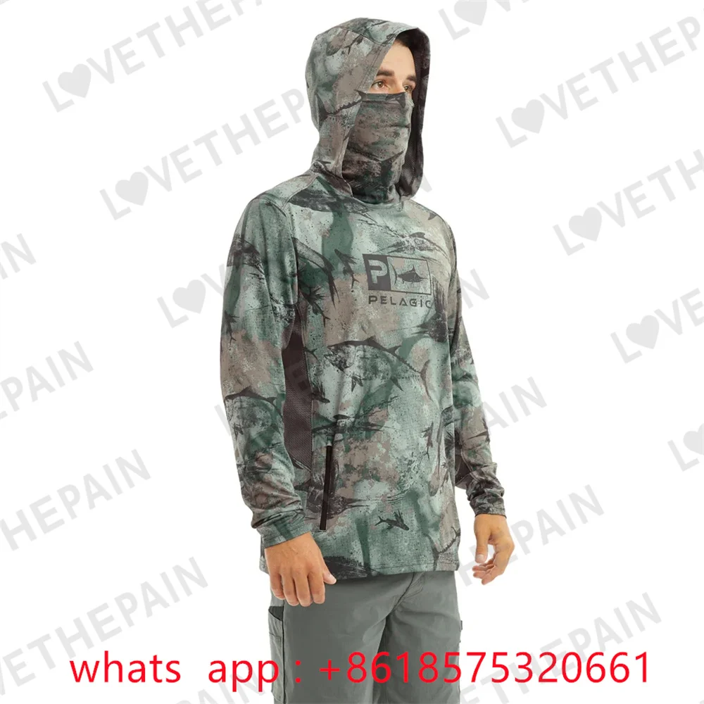 Fishing Shirt Hoodie With Face Mask Men Summer Long Sleeve Quick Dry Breathable Hooded Fish Clothing Anti-uv Angling Sweatshirt