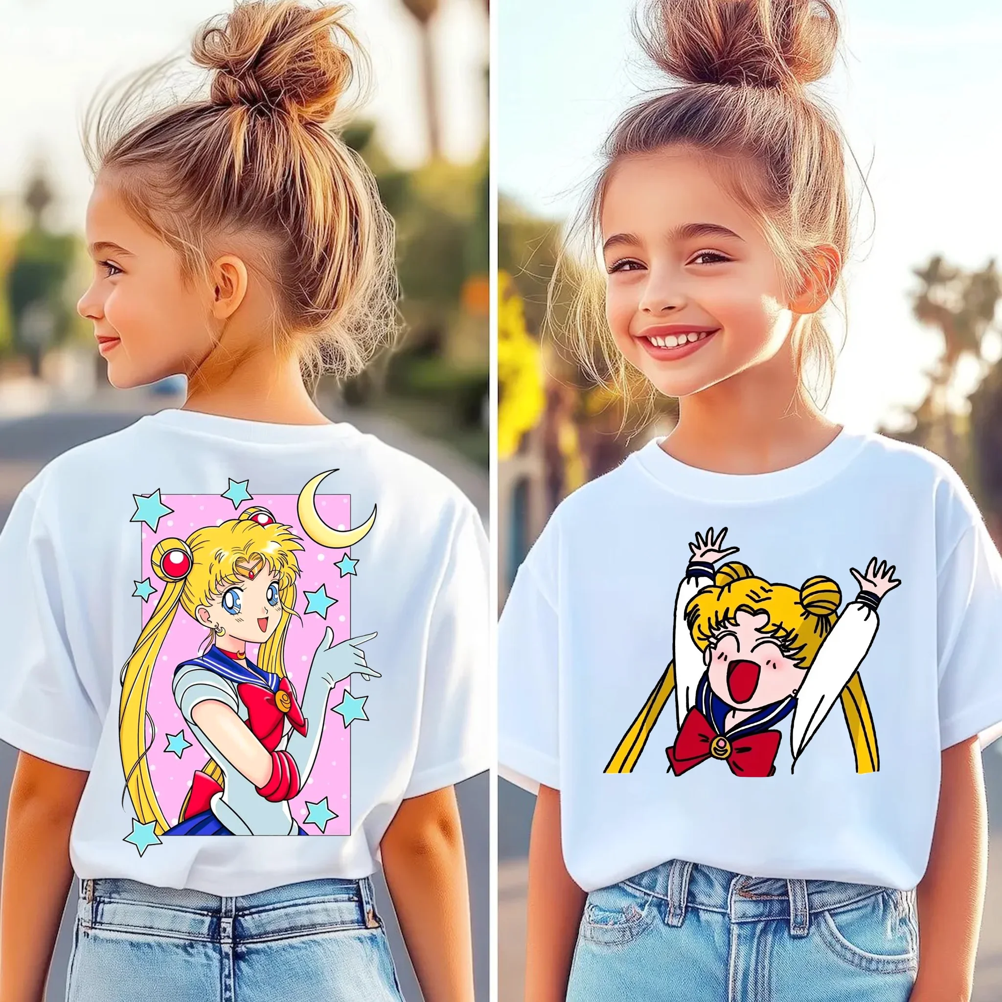 Children's Summer Sailor Moon Cartoon Print Loose Fit T-Shirt