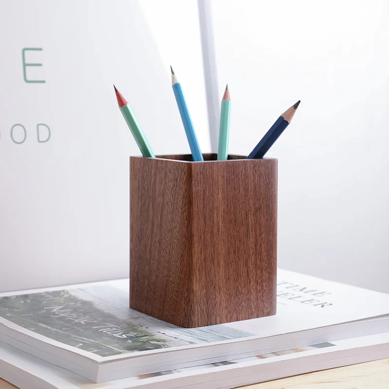 Solid wood creative pen holder black walnut desktop storage box simple Japanese study office stationery gifts 2