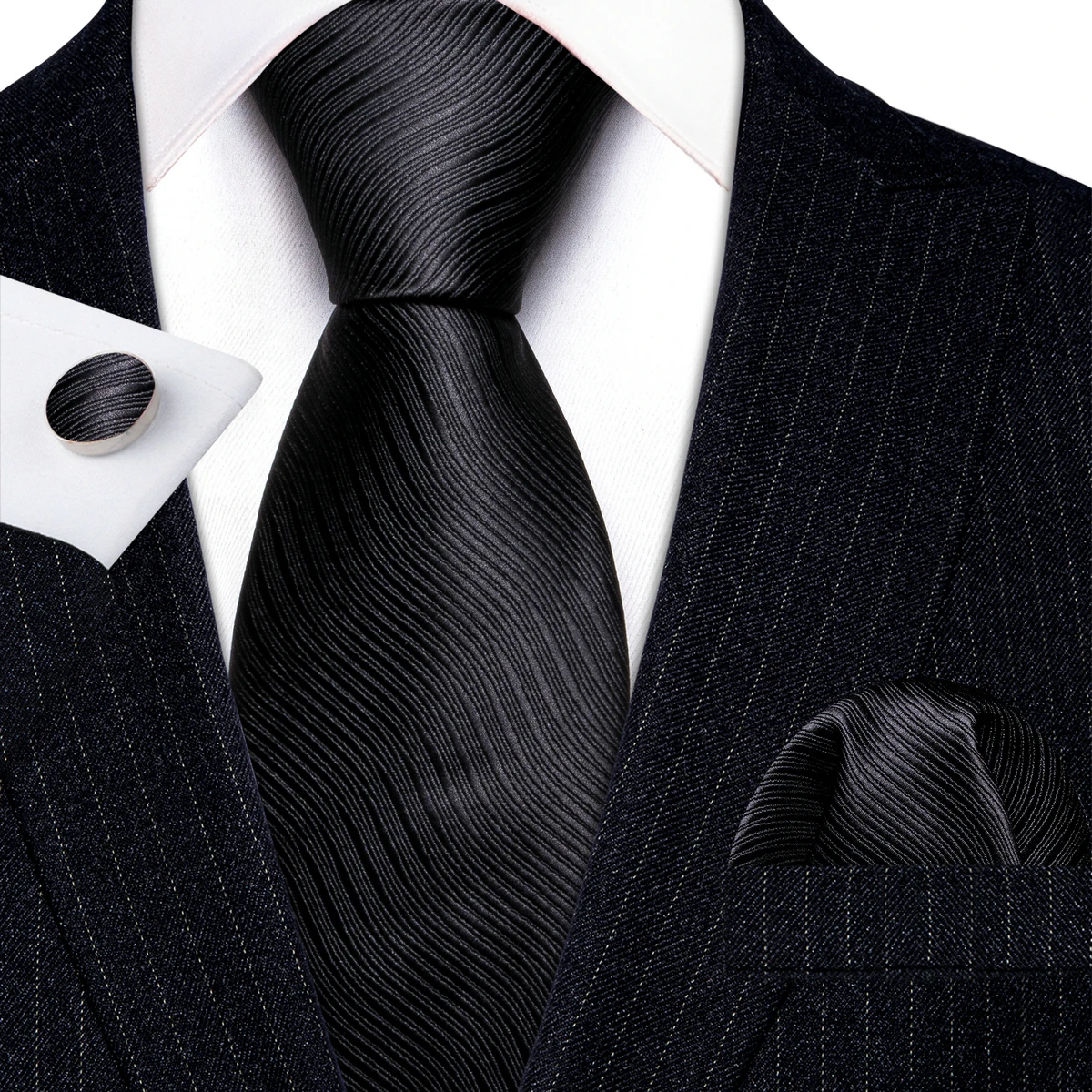 

Designer Mens Ties Black Solid Striped Silk Neck Tie Pocket Square Cufflinks Set Business Gift Barry·Wang 6078