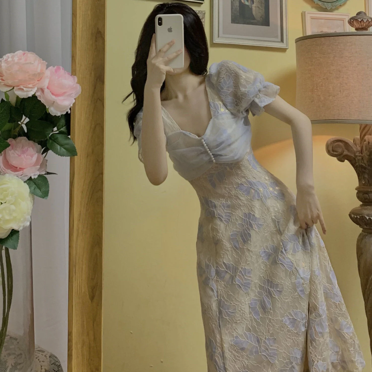 

Платье с рукавом, кружевная юбка с цветочным принтом на талии, Летняя женская одежда, вечерние платья, платье