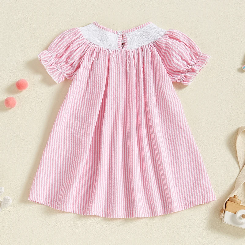 Listenwind Baby Girl Easter Romper Short Puff Sleeve Stripes Print Smocked Bodysuit Sisters Matching Romper Dress Outfit 2