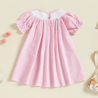 Listenwind Baby Girl Easter Romper Short Puff Sleeve Stripes Print Smocked Bodysuit Sisters Matching Romper Dress Outfit 2