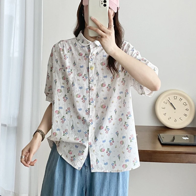 

Летняя женская Повседневная рубашка в школьном стиле с цветочным принтом кролика и отложным воротником Женская хлопковая блузка с короткими рукавами U395