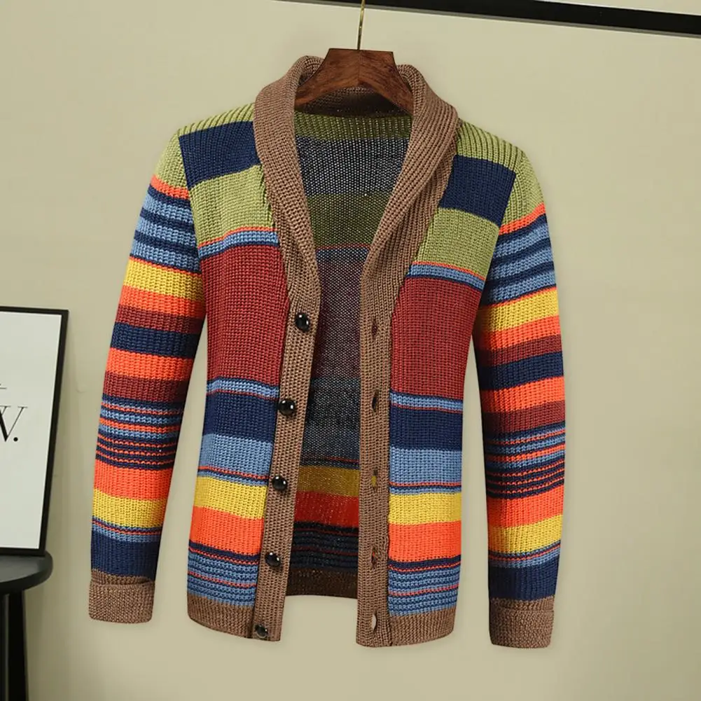 Cozy Men Jacket Stylish Men's Knitted Color Matching Striped Cardigan Fall Winter Sweater Coat with Casual Buttons Lapel Loose