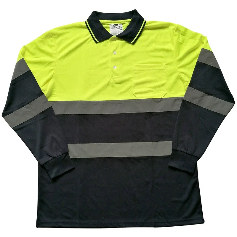 Two Tone Long Sleeve Safety Polo Shirt Orange High Visibility Reflective Shirt Pockets Hi vis work shirt