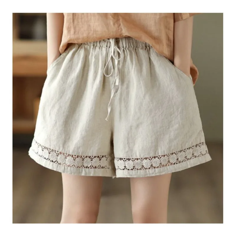 Retro Linen Wide-leg Shorts Women's Thin Summer Elasticized High-waisted Drawstring Hook Flower Hollow Solid Color Casual Pants