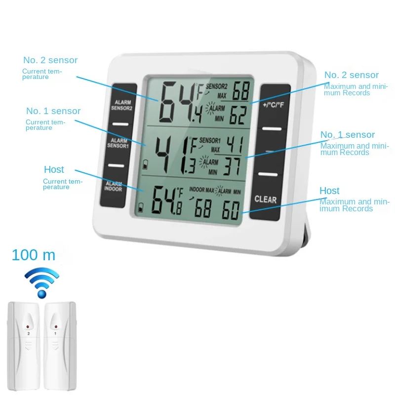 (New Version) Wireless Refrigerator Thermometer, Indoor Outdoor Thermometer  with 2 Wireless Sensors, Temperature Monitor for Freezer Kitchen Home