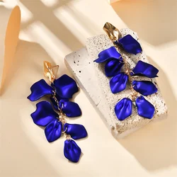 Gold Metal Leaf Acrylic Petal Tassel Earrings - Bold Floral Statement in Rose, Pink, and Orange (Sapphire blue)