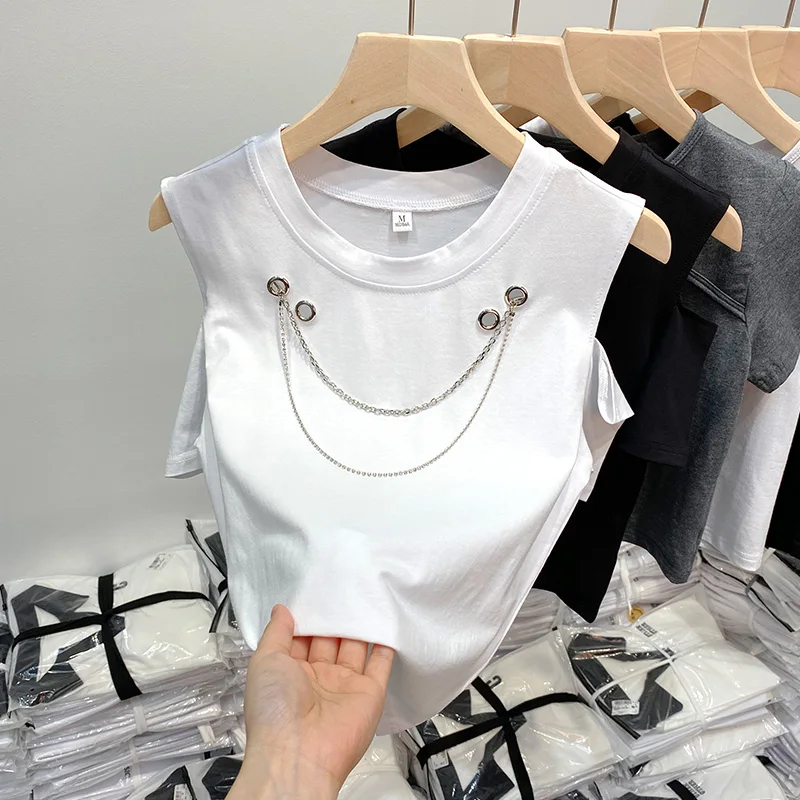 

Футболка женская однотонная с коротким рукавом, пикантный Свободный Топ из чистого хлопка с вырезами и цепочкой, повседневная одежда в Корейском стиле, y2k, футболка с графическим принтом, на лето