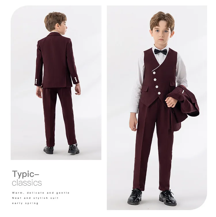 Boys Suit Burgundy Jacket Vest Pants Bowtie Photograph Suit Children Piano Party Dress Gentleman Kids Ceremony Performance Costume