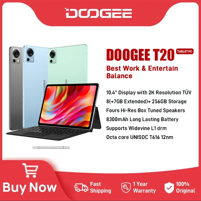 DOOGEE T20 Tablette avec Stylet 10,4 Pouces 2K HD, 15 Go + 256 Go (TF 1  to), Tablette Android 12 Batterie de 8300 mAh, Caméras 16MP + 8MP, 4