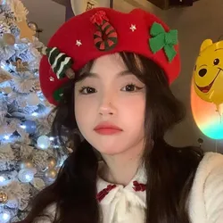 Holiday Hat Y2k Millennium Sweet Sister Winter Warm Wool Tweed Beret Cap Female Christmas Red Painter Hats Free Shipping