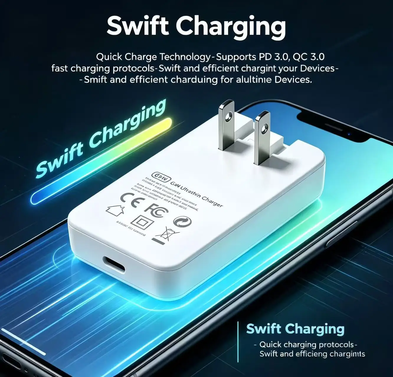 Chargeur USB-C GaN 65W : Prise US pliable, prises EU/UK/AU détachables, charge rapide pour iPhone 15/14/13/12 Series, iPad, AirPods.