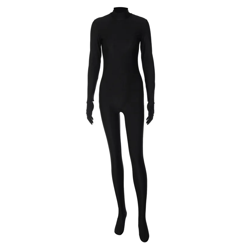 2022 Black Turtleneck Long Sleeve With Gloves Zip Up Sexy Bodycon Jumpsuit Fall Winter Streetwear Party Romper Overalls