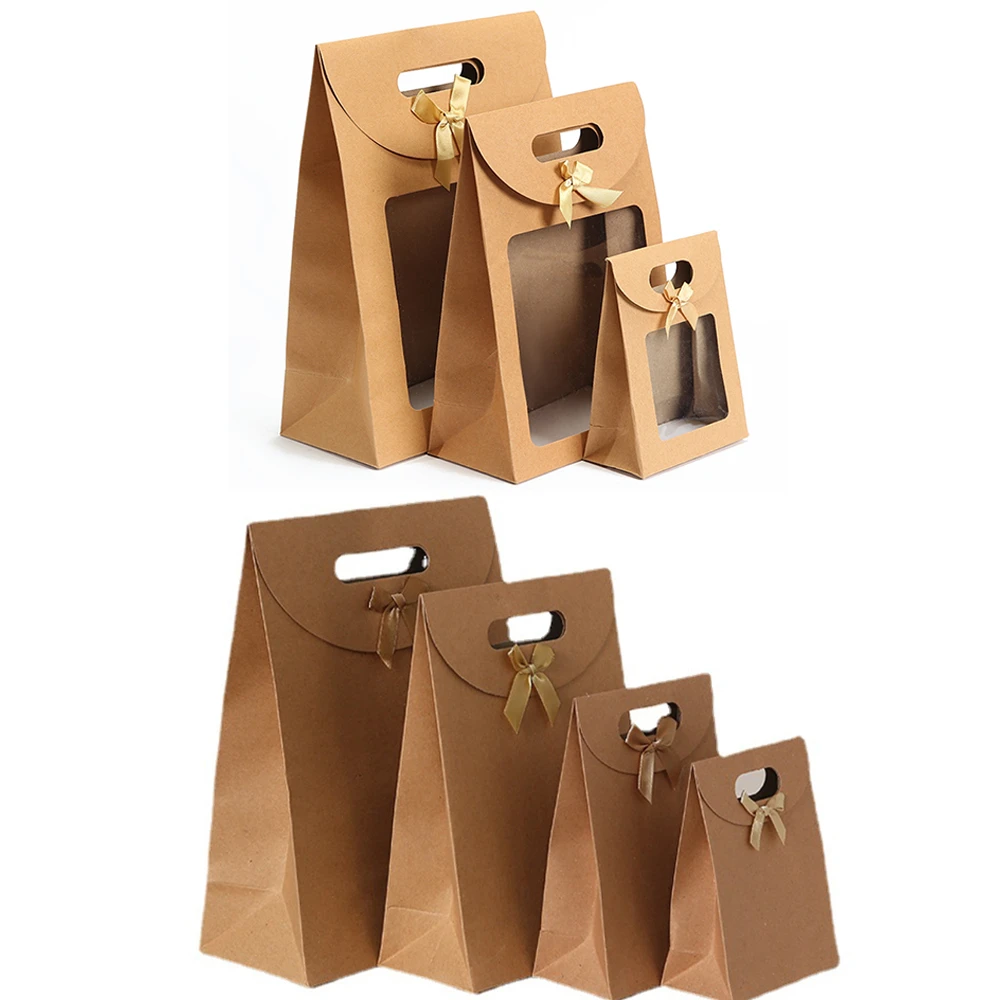 Bolsas de regalo de 12 unids/lote con ventana transparente, bolsa de papel Kraft para dulces, galletas, cajas de embalaje para pasteles, caja de regalo boda de Navidad| | - AliExpress