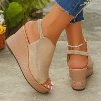 Gold Platform Wedge Sandals for Women Open Toe Thick Sole Summer Beach Shoes Woman Fashion Elastic Ankle Strap High Heel Sandals - Image 3