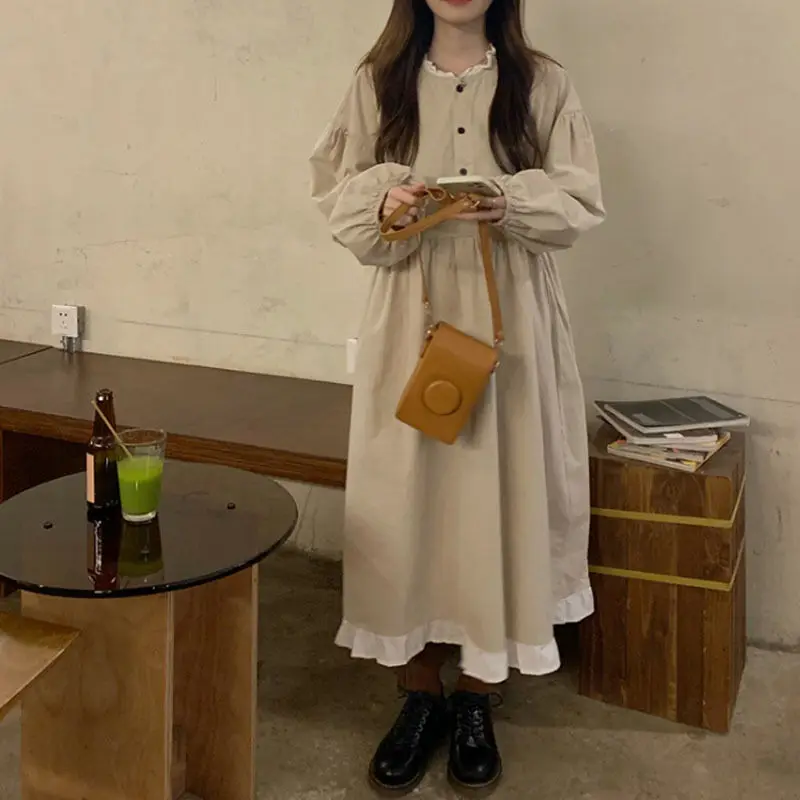 New Korean style fluffy sleeve dress Super Fairy Academy style small fresh loose fitting mid length A-line skirt