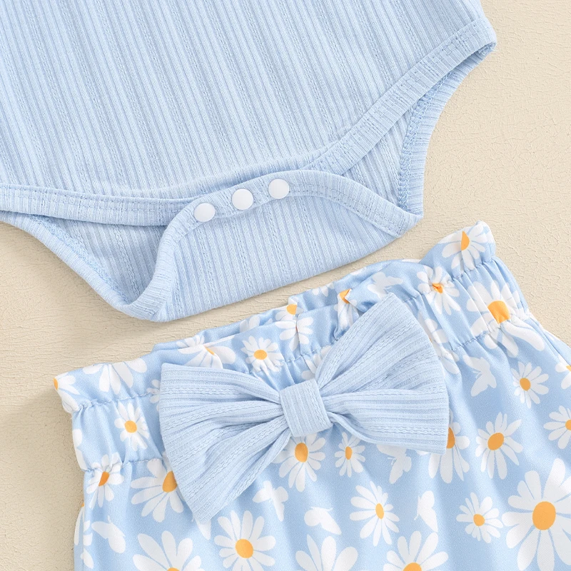 3-teiliges Sommer-Outfit für Babys, Mädchen, Fliegenärmel, Strampler, Schleife vorne, Shorts, Stirnband, Set für Neugeborene – Detail 6