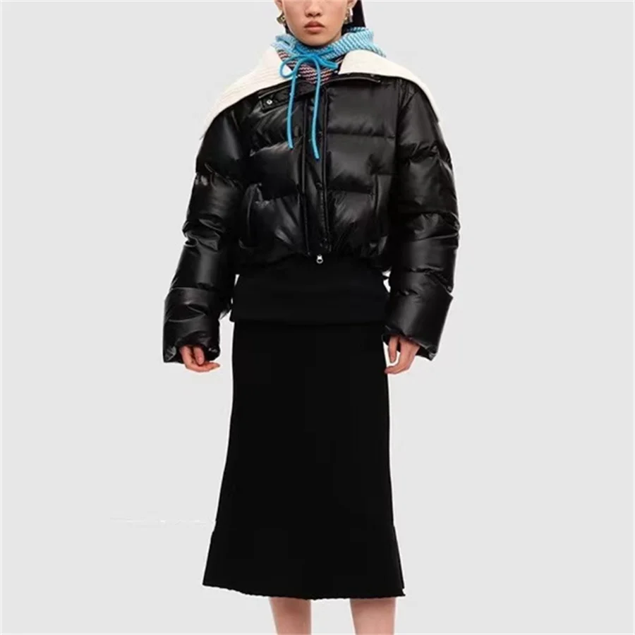

Women's winter jacket 2023 Autumn women's clothing Korean fashion knitted wool collar splicing down jacket Warm thickening coat