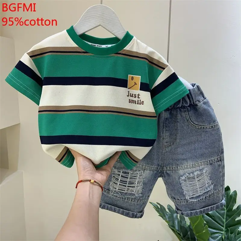 Baby Boys Clothing Children Summer Teenage Clothes Toddler Stripe Cotton T Shirt+hole Denim Shorts 2pc Sets Kids Sports Outfits