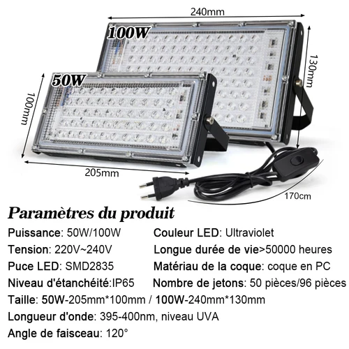 50W 100W UV 투광 조명 AC 220V 야외 투광 조명 395nm 400nm 자외선 형광 무대 램프, EU 플러그 파티 블랙 라이트 포함 2