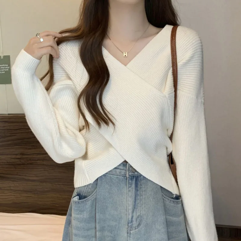 

Y2K Irregular Cross V-neck Pullover Sweater Loose Short Sweater pullover casacos de inverno feminino sweater women 니트반팔여자