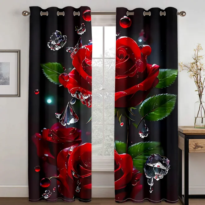 

Romantic Water Droplet Red Rose Luxury Window Curtains For Bedroom Living Room Bathroom Kicthen Door Hall Cupboard On Sale 2PCS