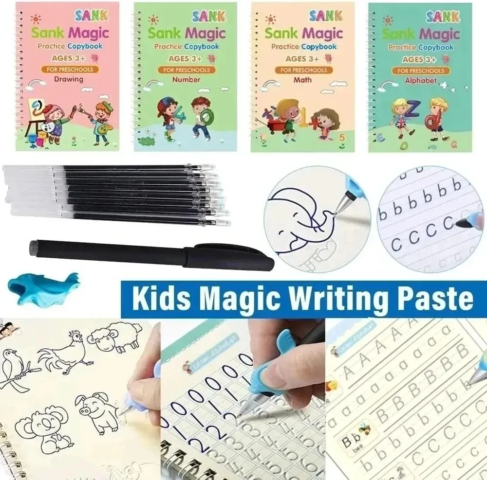 Montessori SANK Magia Inglesa Copybook, Prática de Escrita Reutilizável, Livro Caligrafia 3D, Livros Educação Wipe-free, 4 Livros