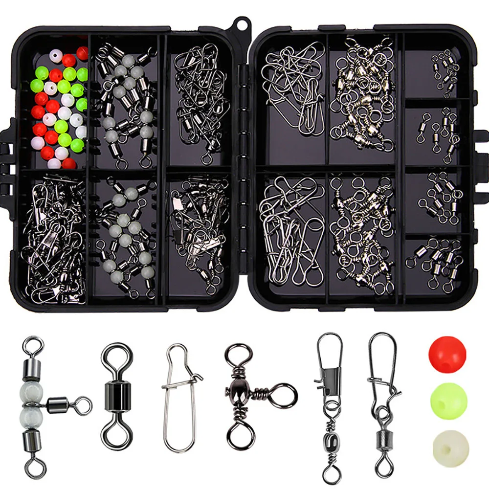 140Pcs Fishing Swivels Kit Accessories Tackle Box Set Rolling