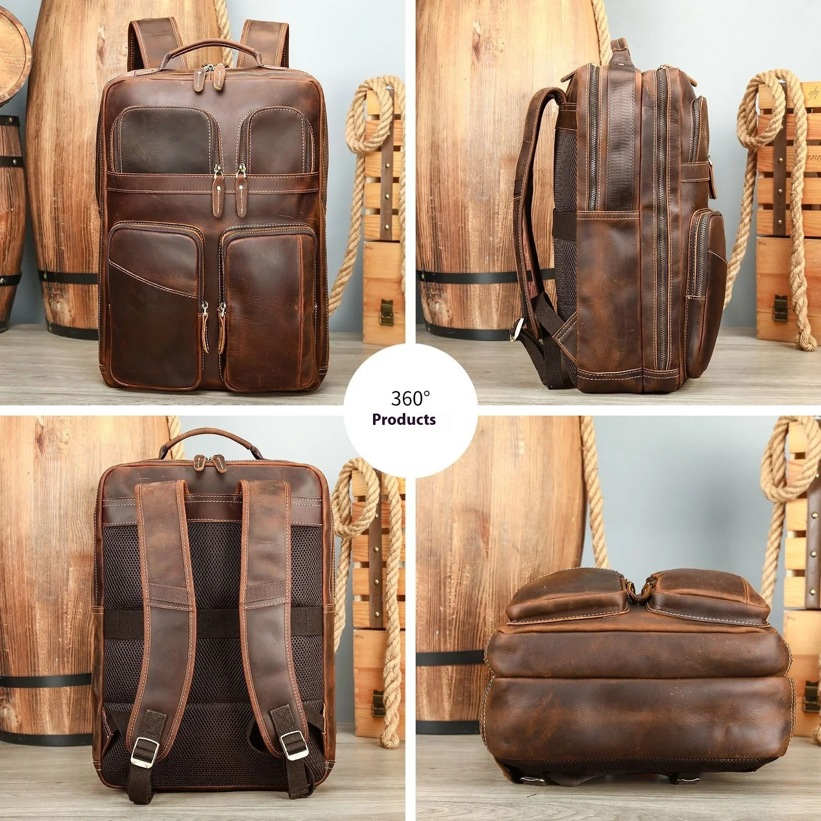Vintage Crazy Horse Leather Men's Backpack with Large Capacity for Business Travel and 17-inch Laptop