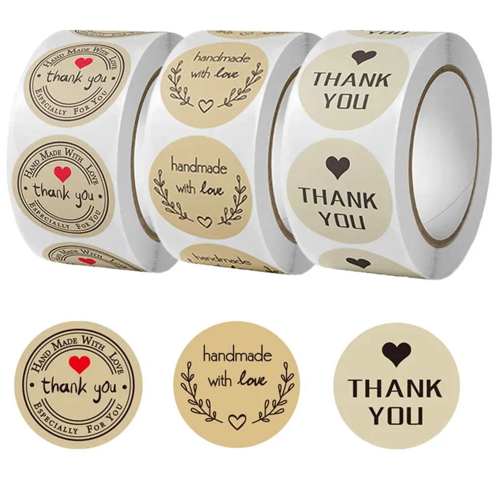 Kraft Paper Stickers Thank You Stickers 500pcs/roll Kraft Paper Handmade With Love Thank You Stickers DlY Decoration Label Gifts Baking Sealing