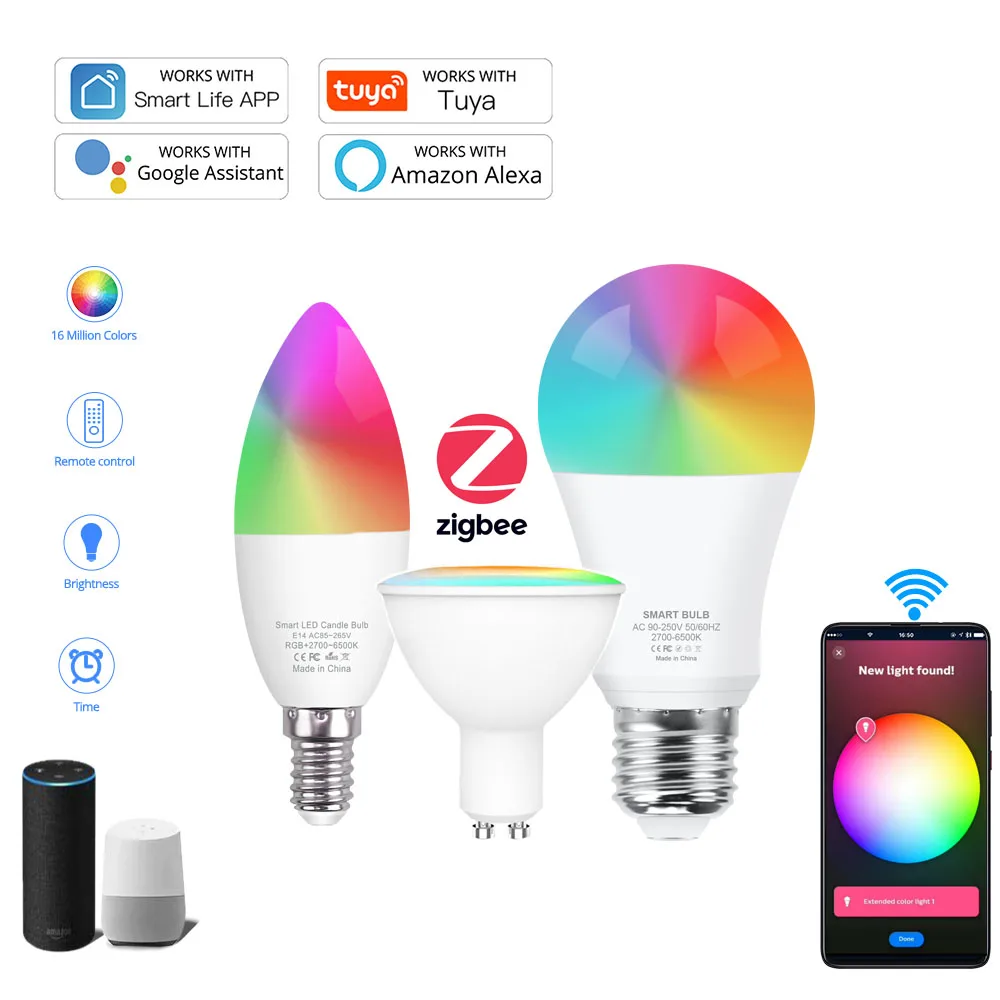 18W Tuya Smart Wifi Bulb E27 GU10 E14 Zigbee Led Light RGB+CW+WW Multicolor Lamp For Alexa Google Home ，Required Hub