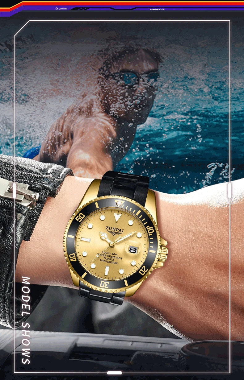 100%Original ZUNPAI Watch for Men's Waterproof Sports Stainless Steel Diving Wristwatches Golden 2022New Fashion Luxury TOPBrand