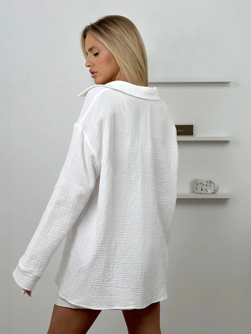 Marthaqiqi Cotton Women Sleepwear 2 Piece Suit Long Sleeve Pajamas Turn-Down Collar Nightgowns Shorts Casual Ladies Home Clothes