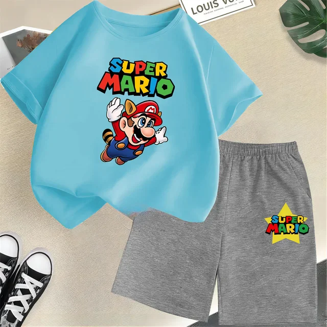 thumbnail image 1 of Conjunto de 2 piezas de camiseta y pantalones cortos de Mario de manga corta de verano para niños y niñas de 3 a 12 años, conjunto deportivo informal para niños, 1 of 5